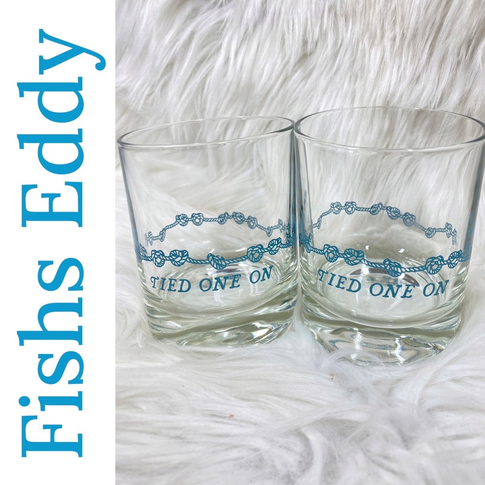 Fishs Eddy "Tied One On" Tipsy Rocks Glasses Set of‎ 2 Slanted Rim Nautical Blue
